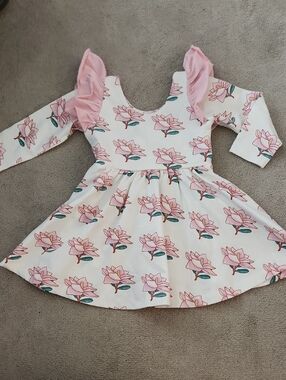 Girls Pink Floral Ruffle-Sleeve Casual Dress